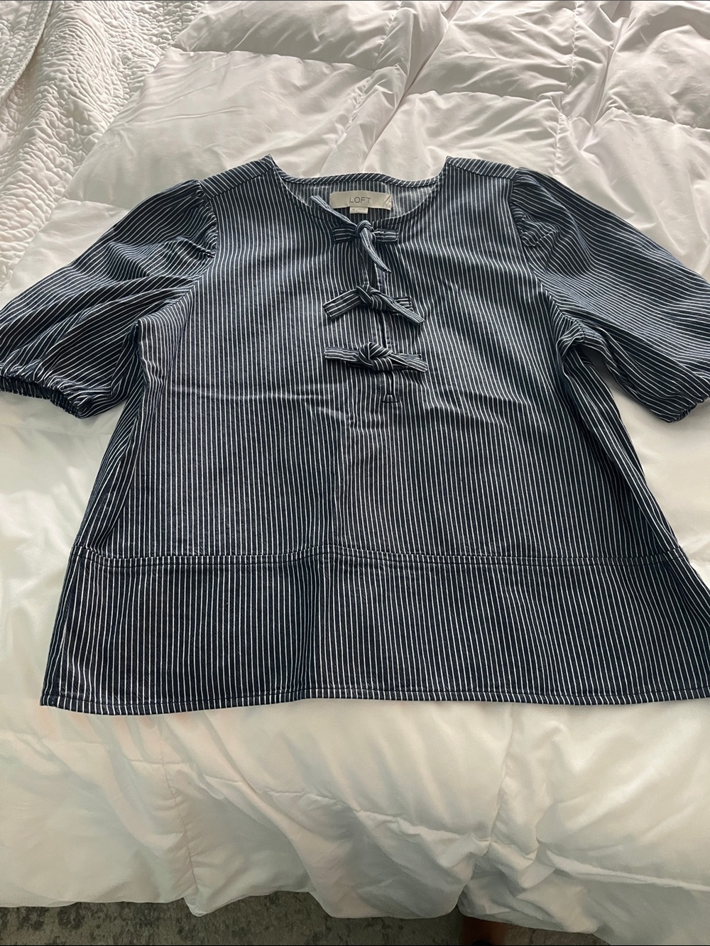 LOFT Navy and White Striped Knot-Front Top